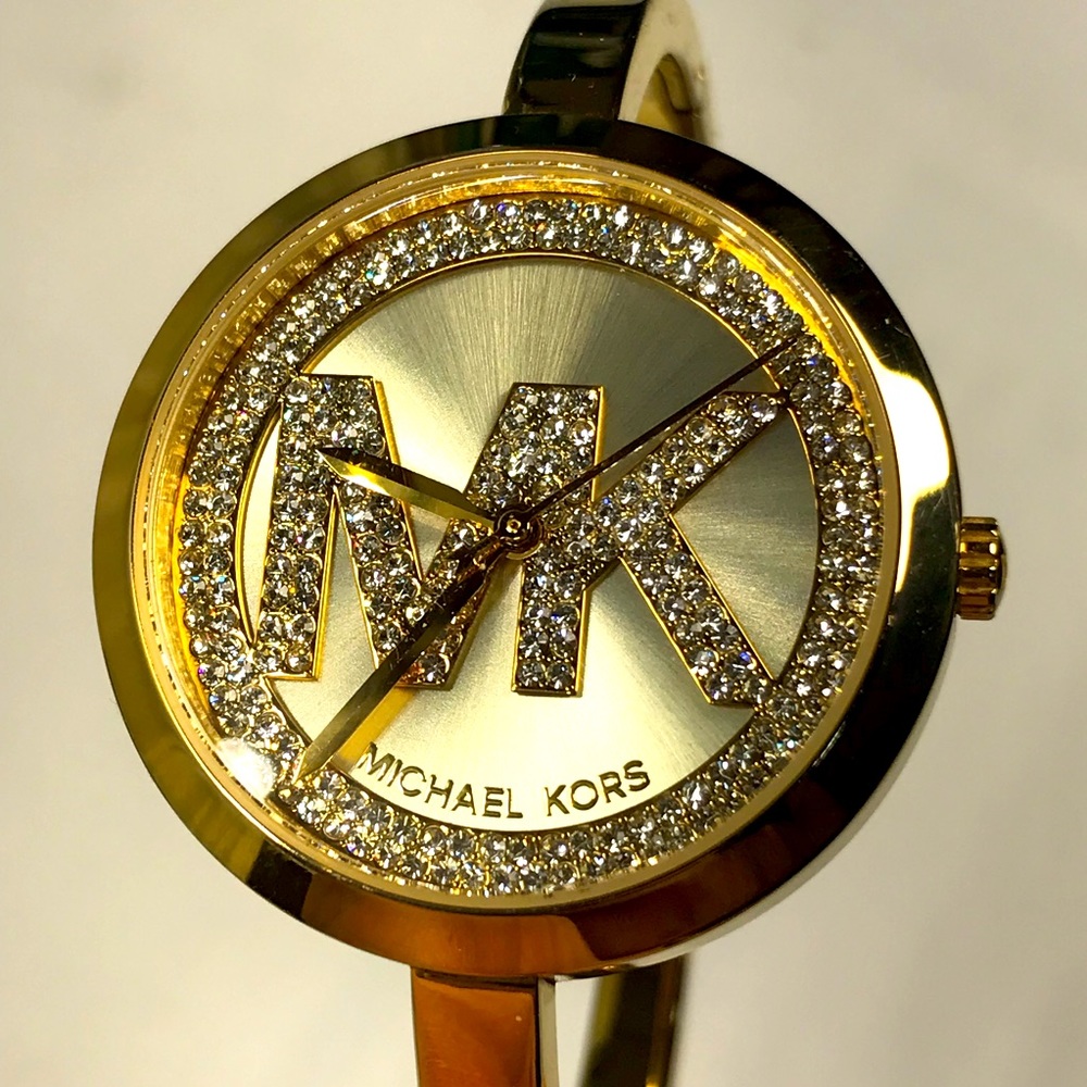 Michael Kors MK signature Crystal Watch solid braclet band gold iced